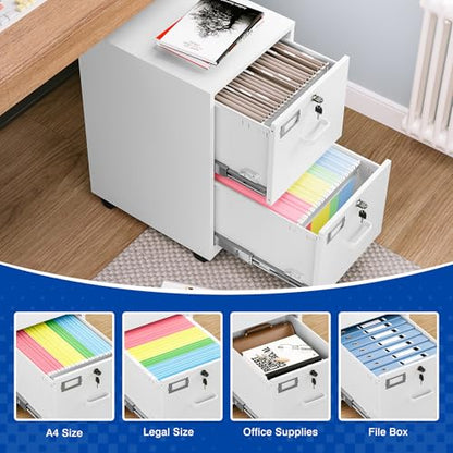 BYNSOE 2 Drawers File Cabinet with Lock Metal Vertical File Cabient with Wheels Mobile File Cabinet for Office Home Legal/Letter/a4 Size Require Assembly (White, 2 Drawers) - color: White, size: 2 Drawers-wheels