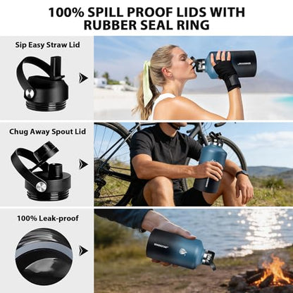 One Gallon Insulated Water Bottle, Triple Wall Vacuum 128 oz Stainless Steel Water Bottles (Cold for 48 Hrs), Leak Proof, Non-BPA, Large Water Flask Jug with Straw Lid & Spout Lid - color: Deep Blue& Black-Y, size: 128 Ounces