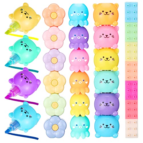 Teling 4 Pack 20 Pcs Cute Mini Highlighter Pens Multicolor Highlighters for Kid Student Pastel Color Stackable Markers Stationery for Teacher Office Back to School Supply(Octopus, Blocks, Cat, Flower) - style: Octopus, Blocks, Cat, Flower
