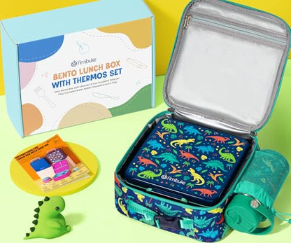Fimibuke Bento Box for Kids Adult - Leakproof 3-4 Compartments Lunch Bento Box Set with Insulated Food Jar, Water Bottle, Lunch Bag, Sauce Cup & Cutlery for Toddler Teen Shcool Girl Boy Age 3+ - color: A2.Dinosaur