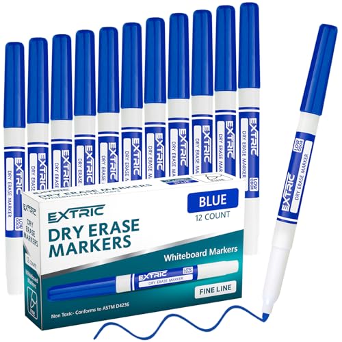 EXTRIC Blue Dry Erase Markers Fine Tip 12 PK Whiteboard Markers | Use: School, Classrooms, Offices, Color: Vivid Blue Ink, Tip Style: Fine Tip, Feature: Low-Odor and Non-Toxic - color: Blue, size: 1 Count (Pack of 12)
