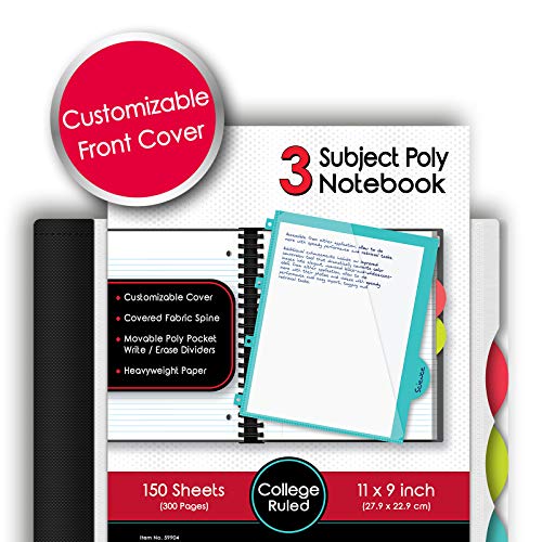 IQ+ iScholar 3-Subject Poly Cover Wirebound Notebook, College Ruled, 11 x 8.5 Inch, 150 Sheets, Black (59904-BK) - color: Black, size: 3 Subject, style: College Ruled