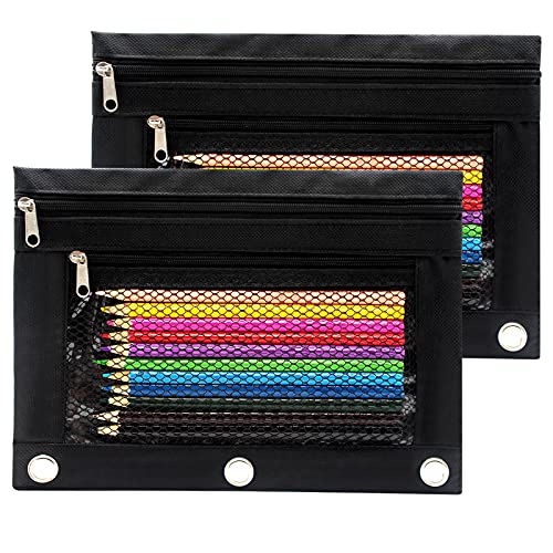 Pencil Pouch 3 Ring Binder Pouch Zippered Pencil Case Canvas Pencil Bag with 2 Compartments (Set of 2, Black) - color: Black