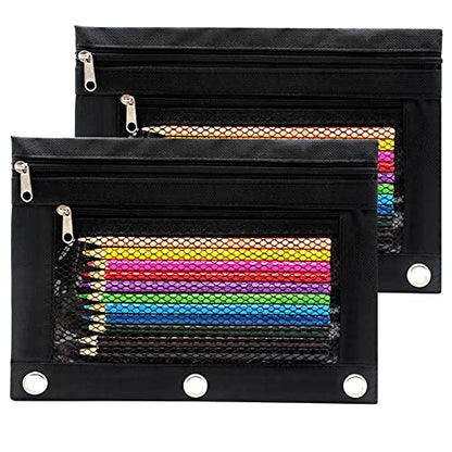 Pencil Pouch 3 Ring Binder Pouch Zippered Pencil Case Canvas Pencil Bag with 2 Compartments (Set of 2, Black) - color: Black