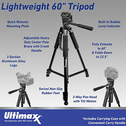 Ultimaxx 60" Inch Lightweight Portable Camera Tripod Stand with Carrying Bag for Sony, Nikon, Canon, Olympus, Pentax, Panasonic, Samsung Cameras and Camcorders