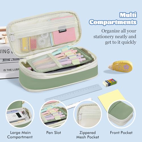 MoKo Large Capacity Pencil Case, Aesthetic Pencil Pouch Bag with Zipper, Cute Pen Case Stationery Organizer Holder for Office/School Supplies, Back to School Gift, Green - color: Green-1 Pen Case