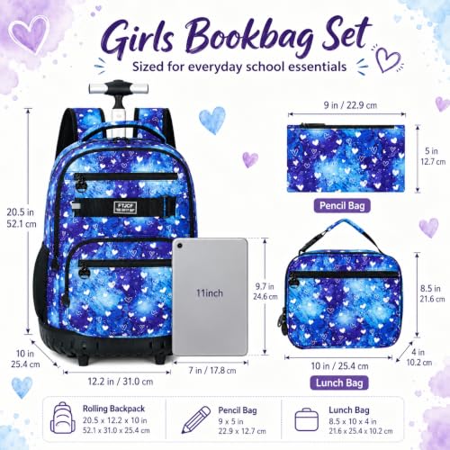 3Pcs Rolling Backpack for Girls, 19 Inche Women Roller Bag with Wheels for Adults, Wheeled Bookbag with Lunch Box(Blue) - color: Blue Love