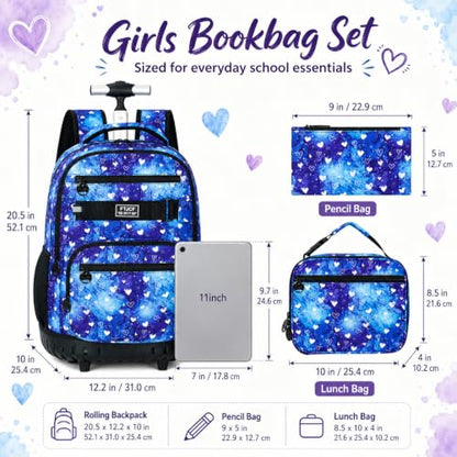 3Pcs Rolling Backpack for Girls, 19 Inche Women Roller Bag with Wheels for Adults, Wheeled Bookbag with Lunch Box(Blue) - color: Blue Love