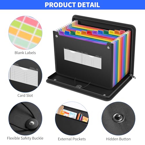 Noiposi Fireproof Accordion File Organizer | 13 Pockets Expanding File Folder with Zipper & Labels,Monthly Bill Paper Receipt Documents Organizer Folder