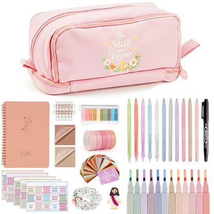 Pink Complete Bible Study Kit for Women with No Bleed Highlighters, Pens, Bible Tabs, Prayer Cards, Jesus Statue - Portable Journaling Supplies for Church, Home, Small Group Christian Gift