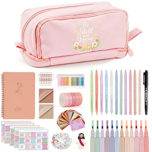 Pink Complete Bible Study Kit for Women with No Bleed Highlighters, Pens, Bible Tabs, Prayer Cards, Jesus Statue - Portable Journaling Supplies for Church, Home, Small Group Christian Gift