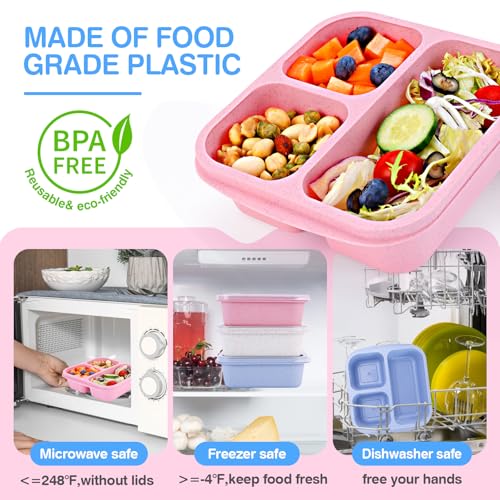 Rinwoc Bento Box [Portion Size], 3 Pack Snack Containers with 3 Compartments for Meal Prep & On-the-Go [School, Travel], Lunchable Container Reusable and BPA-Free - size: Small