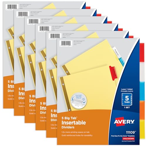 Avery Binder Dividers - 5-Tab Insertable Multicolor Big Tabs for Binders, 6 Sets of Dividers (11109) - size: 6-Pack
