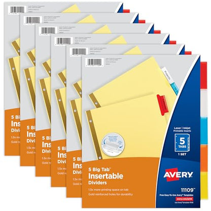 Avery Binder Dividers - 5-Tab Insertable Multicolor Big Tabs for Binders, 6 Sets of Dividers (11109) - size: 6-Pack