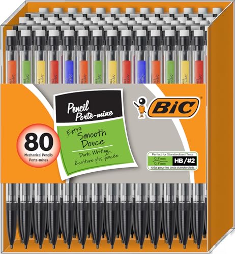 BIC Mechanical Pencils #2 Xtra Smooth, 0.7mm Medium Point, 80 Pack | Bulk Pack of Transparent Barrels with Colored Clips, Teacher Supplies and Classroom Essentials, 80-Count Pack