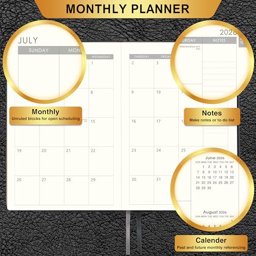 Planner 2026-2027 - 2026-2027 Weekly Monthly Calendar, July 2026 - June 2027, 5.85'' x 8.5'' Agenda with Leather Cover, Pen Holder, Elastic Closure, 24 Ruled Pages - color: Black
