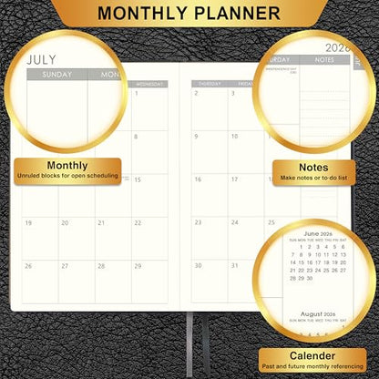 Planner 2026-2027 - 2026-2027 Weekly Monthly Calendar, July 2026 - June 2027, 5.85'' x 8.5'' Agenda with Leather Cover, Pen Holder, Elastic Closure, 24 Ruled Pages - color: Black
