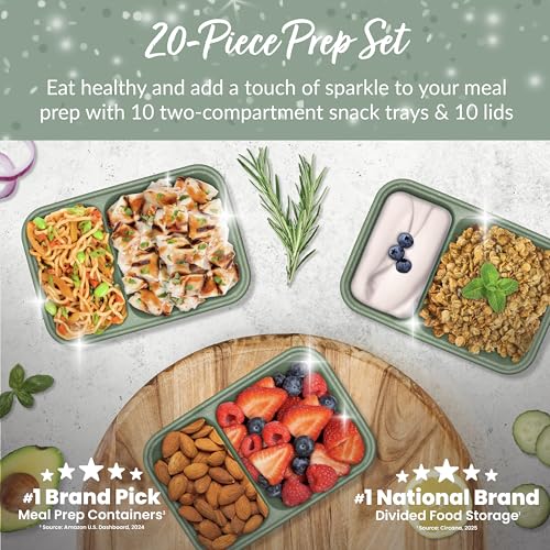 Bentgo Prep - 2-Compartment Snack Containers with Lids - Reusable, Microwaveable, Durable, PFAS & BPA-Free, Freezer, & Dishwasher-Safe Meal Prep Food Storage - 10 Trays & 10 Lids (Basil Glitter) - color: Basil Glitter