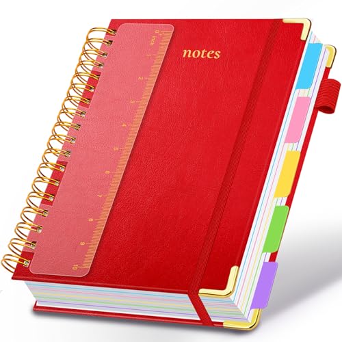 Hardcover Spiral Notebook 8.5"x11" Journal Notebook with Tabs and Removable Dividers 300 Pages 5 Subject Notebook College Ruled, Faux Leather Spiral Bound Notebook for Women School Work(Red) - color: Red, size: 8.5"x11"(A4)