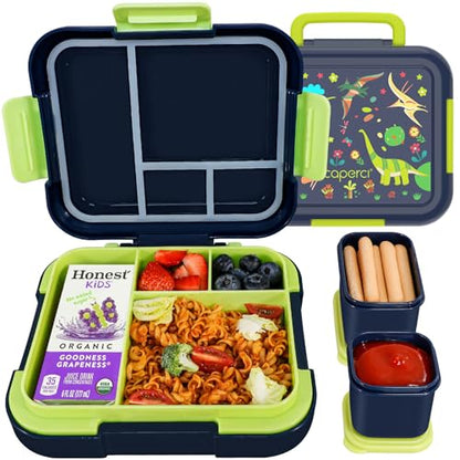 Caperci Bento Box for Kids Age 4-8 - Leak-Proof Toddler Lunch Box Container with 2 Modular Containers & 4-Compartment, Hold 4.8 Cups, Portable Handle, BPA-Free, Microwave/Dishwasher Safe (Dinosaur) - color: Dinosaur