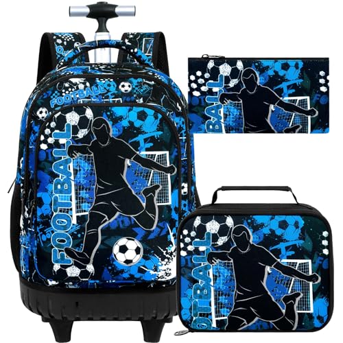 gxtvo Kids Rolling Backpack for Boys, Men Wheeled Bookbag with Lunch Box for Adults, Water Resistant Roller School Bag for College Teens Kids Travel - Blue Soccer - color: Rolling Backpack Shot Football Blue