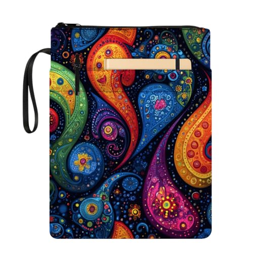 Padded Book Sleeve with Zipper & Front Pocket, Fabric Book Cover | Colorful Paisley11.4"x8.7" Washable Canvas Pouch for Hardcovers, Tablets & Reading Accessories - color: Colorful Paisley