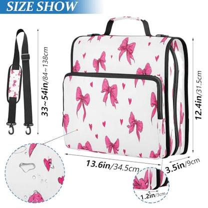 Caikeny 3 Ring Zipper Binder Pink Bows Hearts White Hand Drawn 1.5 inch Binders Bag Expanding File Pockets with Shoulder Strap and Handle - color: Multicolored 1z83.7