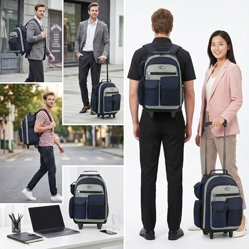 20" 2-in-1 Rolling Backpack,Backpack for Travel w/Wheels | Trolley Suitcase w/Telescopic Handle,Lightweight,Durable, Travel-Friendly, Unisex,2560-20''-Blue - color: JH-2560-Blue-20