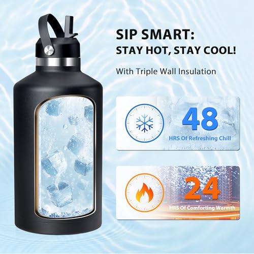 One Gallon Insulated Water Bottle, Triple Wall Vacuum 128 oz Stainless Steel Water Bottles (Cold for 48 Hrs), Leak Proof, Non-BPA, Large Water Flask Jug with Straw Lid & Spout Lid - color: Black-Y, size: 128 Ounces