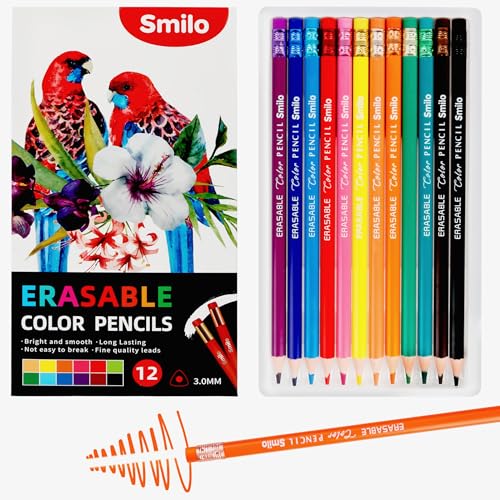 Smilo 12-Count Erasable Colored Pencils with Erasers | Easy to Erase, Smooth and Vibrant, Perfect for Adult Coloring Books, Drawing, Sketching, Art Supplies for Artists, Teens - style: 12 colors