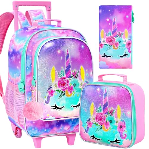 AGSDON 3PCS Rolling Backpack for Girls and Boys, Kids Roller Wheels Bookbag, Wheeled Elementary School Bag with Lunch Bag - color: Unicorn Pink