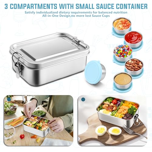 HaWare Stainless Steel Bento Lunch Box, 29oz (850ML) with Divider | 3 Compartment, Blue Condiment Container &Carrying Bag Included, Leak-Proof, Dishwasher Safe - color: Sky Blue, size: 29oz-(850ml)