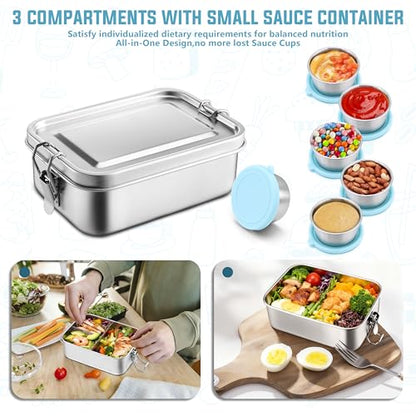 HaWare Stainless Steel Bento Lunch Box, 29oz (850ML) with Divider | 3 Compartment, Blue Condiment Container &Carrying Bag Included, Leak-Proof, Dishwasher Safe - color: Sky Blue, size: 29oz-(850ml)