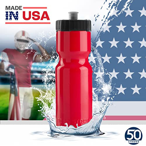 50 Strong Sports Water Bottles – Reusable 22 oz BPA-Free Plastic Bottles with Pull Top Cap – Made in USA – Top Rack Dishwasher Safe – Fits Most Bike Cages Brand - color: Red, style: 6 Pack