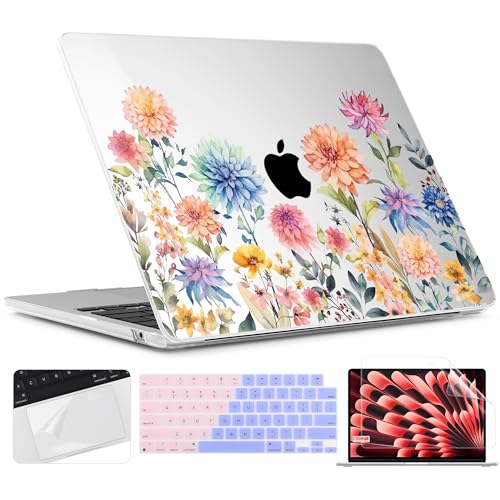 TWOLSKOO for MacBook Air 13 inch Case M5 2026 M4 2025 M3 M2 2024-2022 A3449 A3240 A3113 A2681, Plastic Hard Shell & Keyboard Cover & Screen Film for MacBook Air 13.6 inch Case, Beautiful Flowers - color: Beautiful Flowers D020