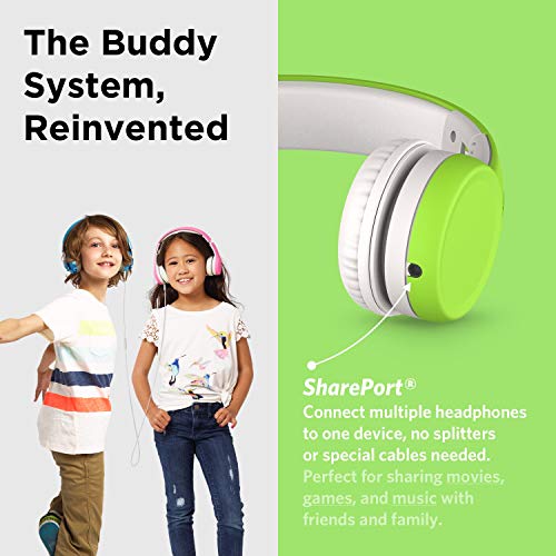LilGadgets Connect+ Foldable Headphones, Adjustable Fit Soft Touch Padding for Kids with Mic, Volume-Limited & Noise Reduction On-Ear Wired Headset for School with SharePort - Green, Ages 3-14 - color: Green