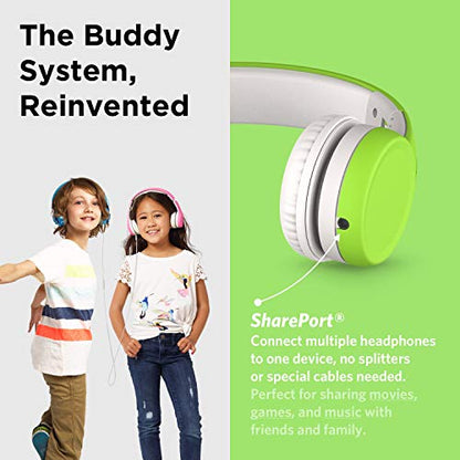 LilGadgets Connect+ Foldable Headphones, Adjustable Fit Soft Touch Padding for Kids with Mic, Volume-Limited & Noise Reduction On-Ear Wired Headset for School with SharePort - Green, Ages 3-14 - color: Green