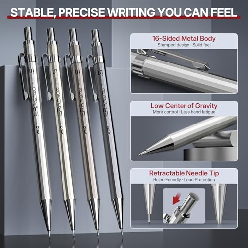 WUO 0.5mm Mechanical Pencil Set with Eraser Pen, 4PCS Metal Mechanical Pencils, 480 HB Lead Refills, 3PCS 4B Erasers, 10PCS Eraser Refills for Writing, Drafting, Drawing & Sketching