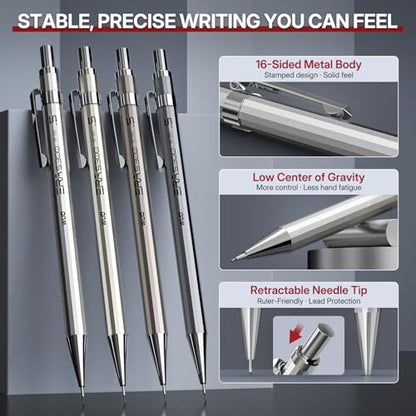 WUO 0.5mm Mechanical Pencil Set with Eraser Pen, 4PCS Metal Mechanical Pencils, 480 HB Lead Refills, 3PCS 4B Erasers, 10PCS Eraser Refills for Writing, Drafting, Drawing & Sketching