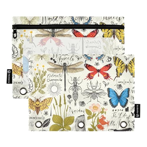 ZAZYXTJ Butterfly Moth Dragonfly Binder Pencil Pouchs 3 Ring with Zipper Clear Window Office Organizers bag for School Students Teacher Supplies 2 Pack - color: Butterfly