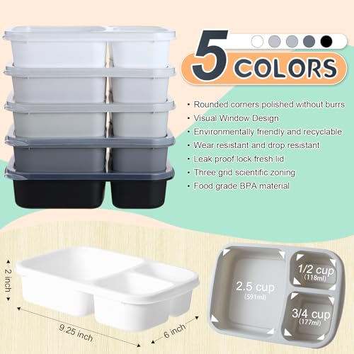 Honeydak 5 Pack Snack Containers 3 Compartment Bento Snack Boxes Divided Meal Prep Containers with Lids Reusable Adults Lunch Food Storage Box for School Work Travel(Black White) - color: Black White