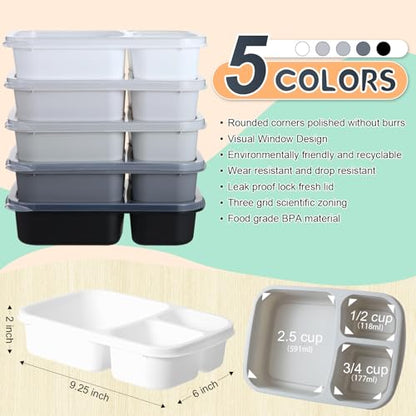 Honeydak 5 Pack Snack Containers 3 Compartment Bento Snack Boxes Divided Meal Prep Containers with Lids Reusable Adults Lunch Food Storage Box for School Work Travel(Black White) - color: Black White