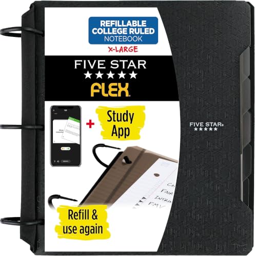 Five Star Flex Refillable Notebook + Study App,College Ruled Paper and 1-1/2 Inch TechLock Ring Binder with Pockets,Tabs and Dividers,300 Sheet Capacity,Black (29324AA2),(Pack of 6) - color: Black, size: 6 Pack