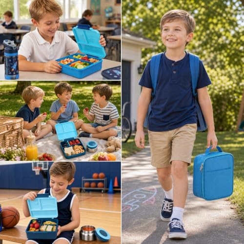 Itslife Bento Lunch Box for Kids with 8oz Soup Thermo&Lunch Bag, Leak-Proof Lunch Food Containers with 4 Compartment, Hot Food Insulated Food Jar for Kids School (Blue) - color: Blue