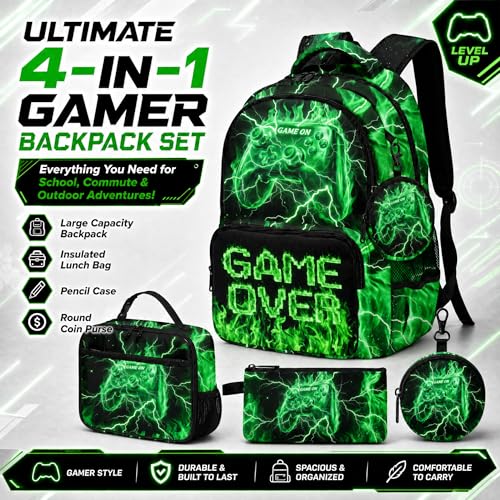 Game Backpack Set for Boys Kids – 17" Large Capacity Gaming School Bag with Lunch Box, Pencil Bag and Coin Purse (Green) - color: Green-1