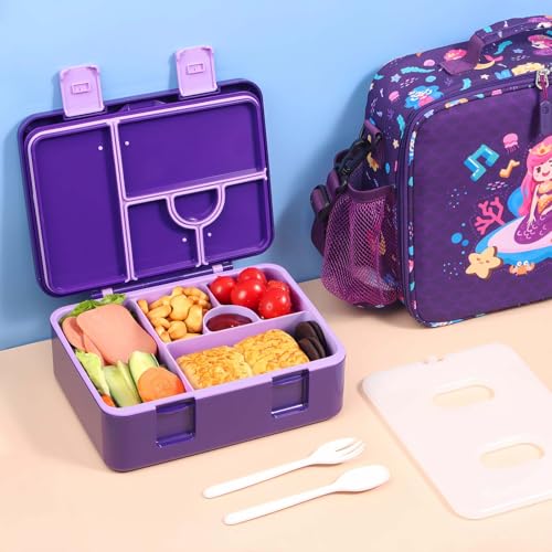 rockpapa Chill Bento Box for Kids- Large 5.5 Cups Lunch Box with Ice Pack - 5 Compartments, BPA-Free, Leak Proof, with Utensils & Portable Handle, Microwave/Dishwasher Safe (Purple Mermaid) - color: Purple Mermaid