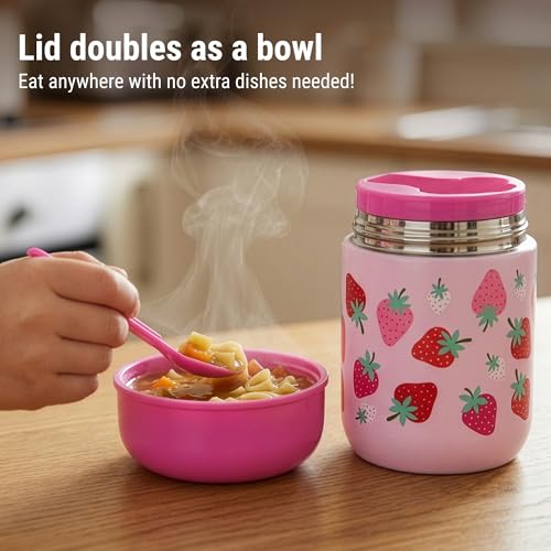 Wildkin Kids 10 oz Insulated Food Jar, Strawberry | Wide-mouth 10 oz jar keeps food hot up to 5 hrs and cold up to 7 hrs · includes two folding spoons · stainless steel interior - color: Strawberry Patch