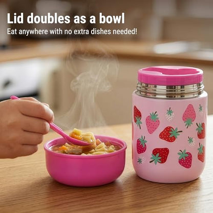 Wildkin Kids 10 oz Insulated Food Jar, Strawberry | Wide-mouth 10 oz jar keeps food hot up to 5 hrs and cold up to 7 hrs · includes two folding spoons · stainless steel interior - color: Strawberry Patch