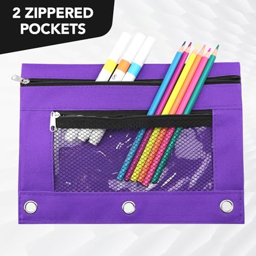 3 Ring Pencil Pouch for Binder, 2-Pocket Zipper Pencil Case with Clear Window & Mesh Pocket, Heavy Duty 600D Oxford Fabric Binder Pouch for School Office Supplies, Fits Standard 3-Ring Binders, Purple - color: Purple