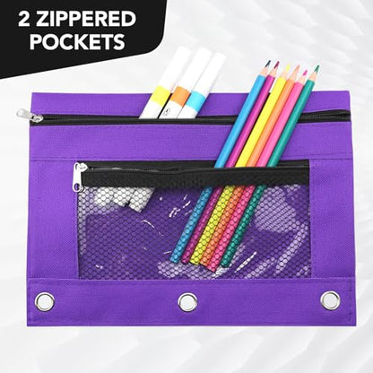 3 Ring Pencil Pouch for Binder, 2-Pocket Zipper Pencil Case with Clear Window & Mesh Pocket, Heavy Duty 600D Oxford Fabric Binder Pouch for School Office Supplies, Fits Standard 3-Ring Binders, Purple - color: Purple